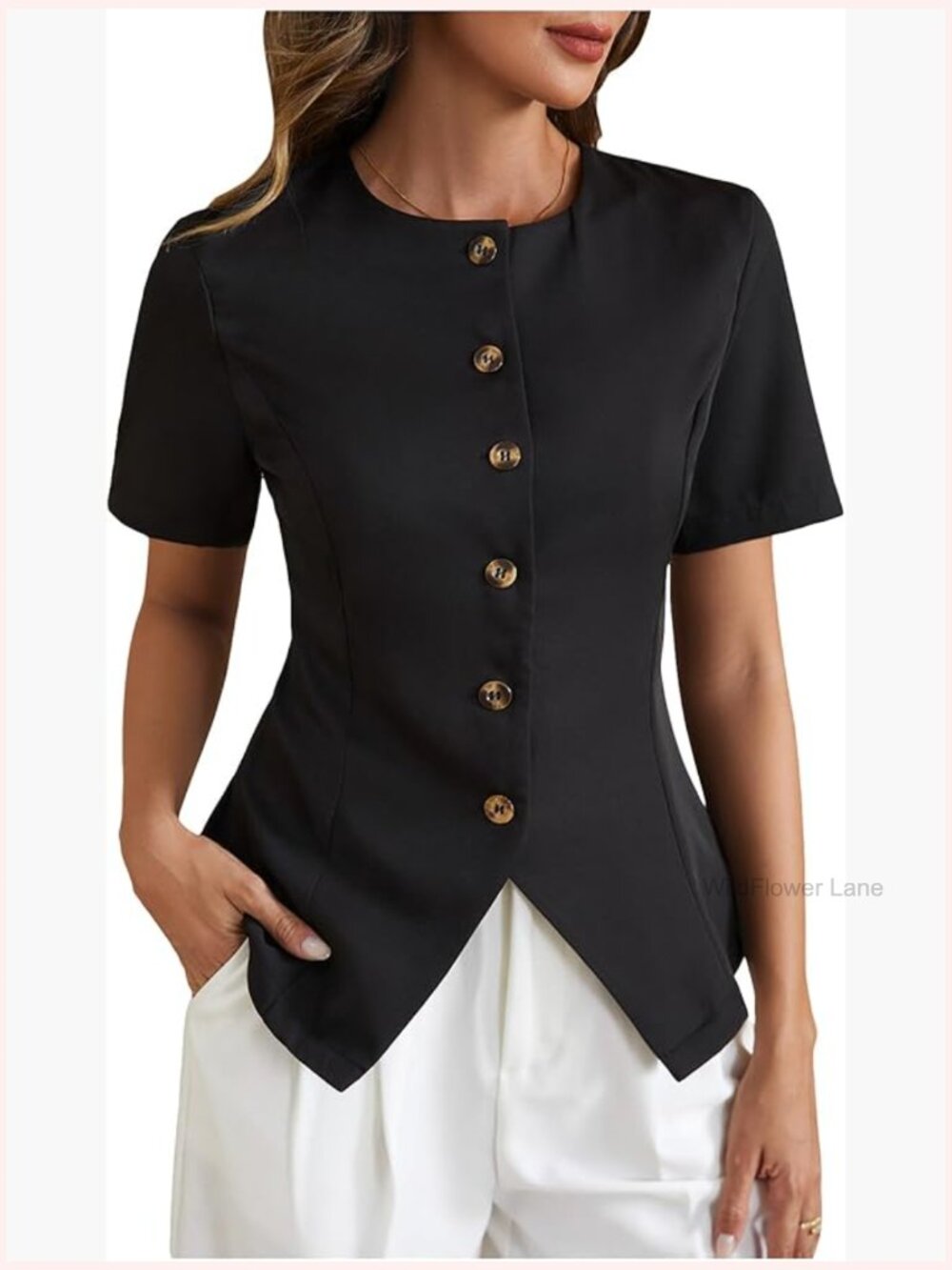 Short Sleeve Button Down Blouse with Split Hem